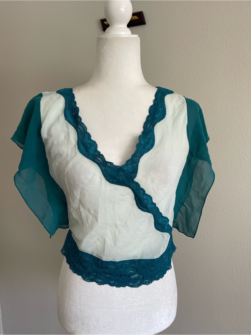 Teal and White Lace-Trim V-Neck Blouse